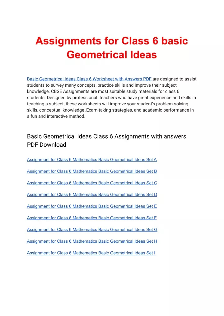 assignments for class 6 basic geometrical ideas