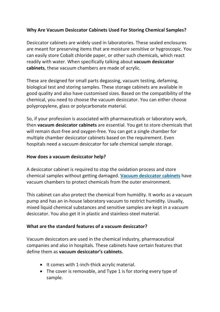 why are vacuum desiccator cabinets used