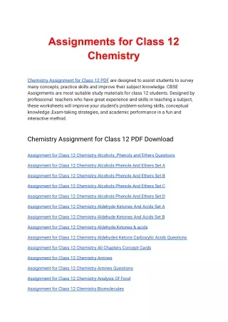 Chemistry Assignment for Class 12 PDF Download