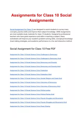 Social Assignment for Class 10 Free PDF Download