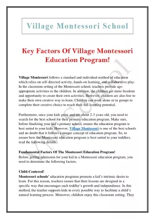 Key Factors Of Village Montessori Education Program - VM School