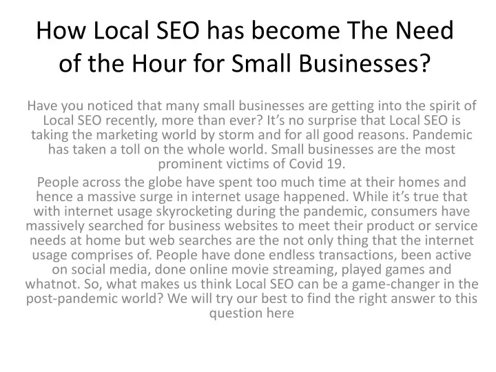 how local seo has become the need of the hour for small businesses