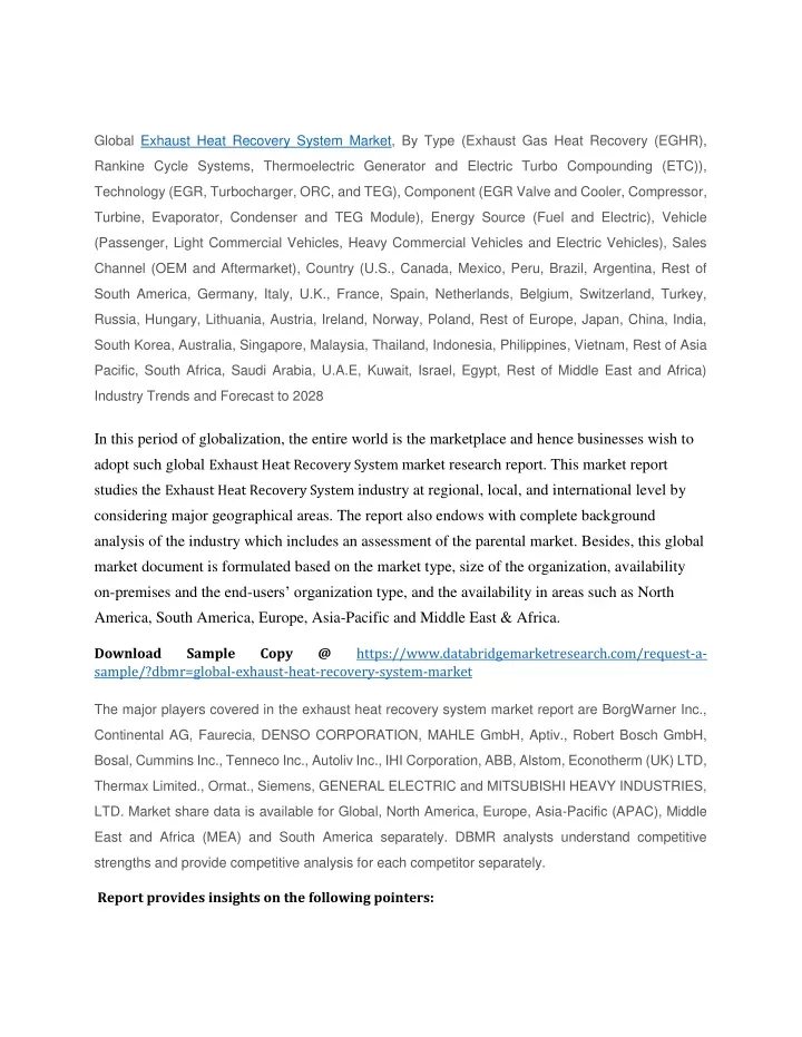 global exhaust heat recovery system market