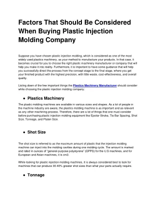 Factors That Should Be Considered When Buying Plastic Injection Molding Company