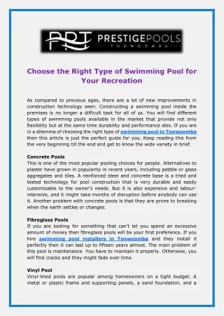 Choose the Right Type of Swimming Pool for Your Recreation