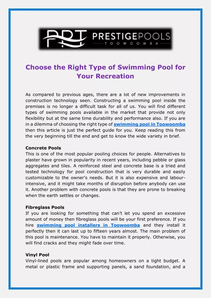 choose the right type of swimming pool for your