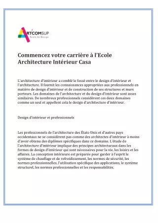 Commencez votre carrière à l’Ecole Architecture Intérieur Casa