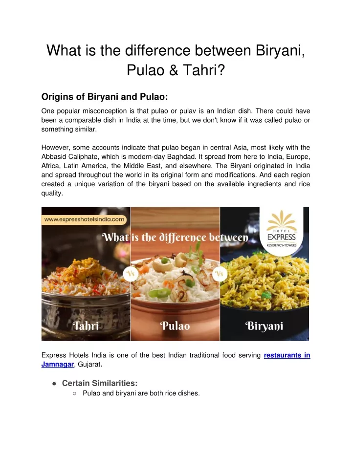 what is the difference between biryani pulao tahri