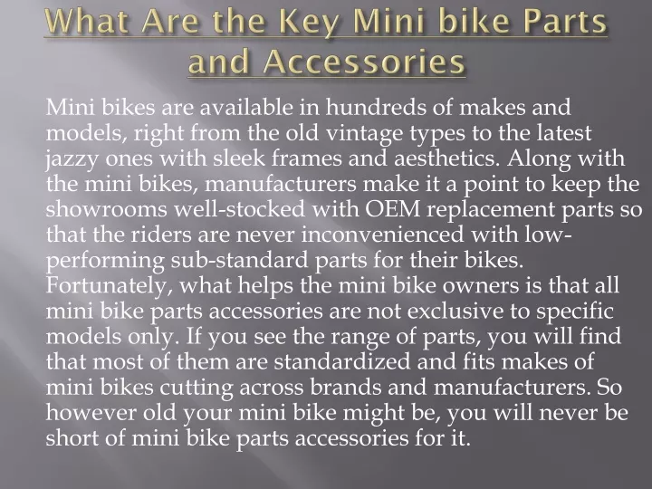 what are the key mini bike parts and accessories