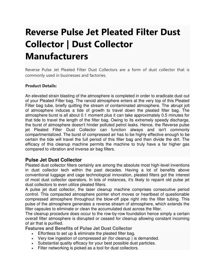 reverse pulse jet pleated filter dust collector