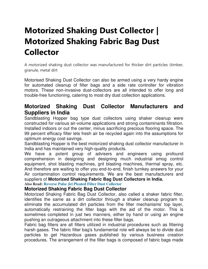 motorized shaking dust collector motorized