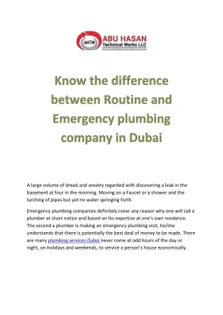 Know the difference between Routine and Emergency plumbing company in Dubai   Abu Hasan Technical Works LLC.