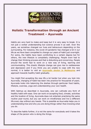 Holistic Transformation through an Ancient Treatment – Ayurveda