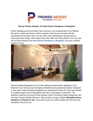 Tips by Premier Abodes, The Best Interior Designers in Bangalore