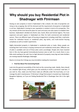 Why should you buy Residential Plot in Shadnagar with Ftnirmaan