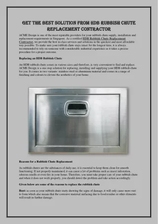 Get the Best Solution from HDB Rubbish Chute Replacement Contractor