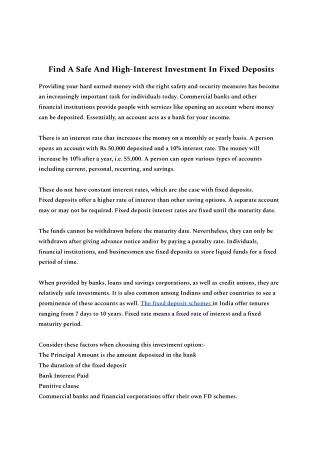 Find A Safe And High-Interest Investment In Fixed Deposits