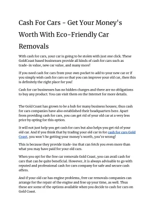 Cash For Cars - Get Your Money's Worth With Eco-Friendly Car Removals