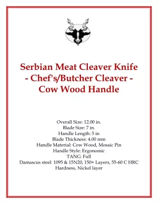 Serbian Meat Cleaver Knife - Chef'sButcher Cleaver - Cow Wood Handle