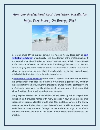 How Can Professional Roof Ventilation Installation Helps Save Money On Energy Bills