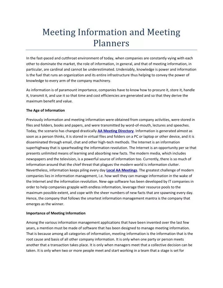 meeting information and meeting planners