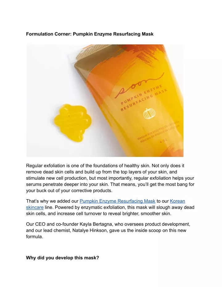 formulation corner pumpkin enzyme resurfacing mask