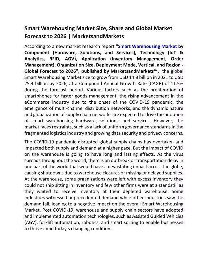 smart warehousing market size share and global