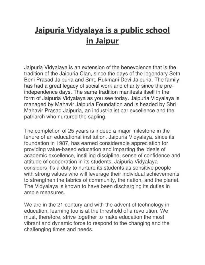 jaipuria vidyalaya is a public school in jaipur