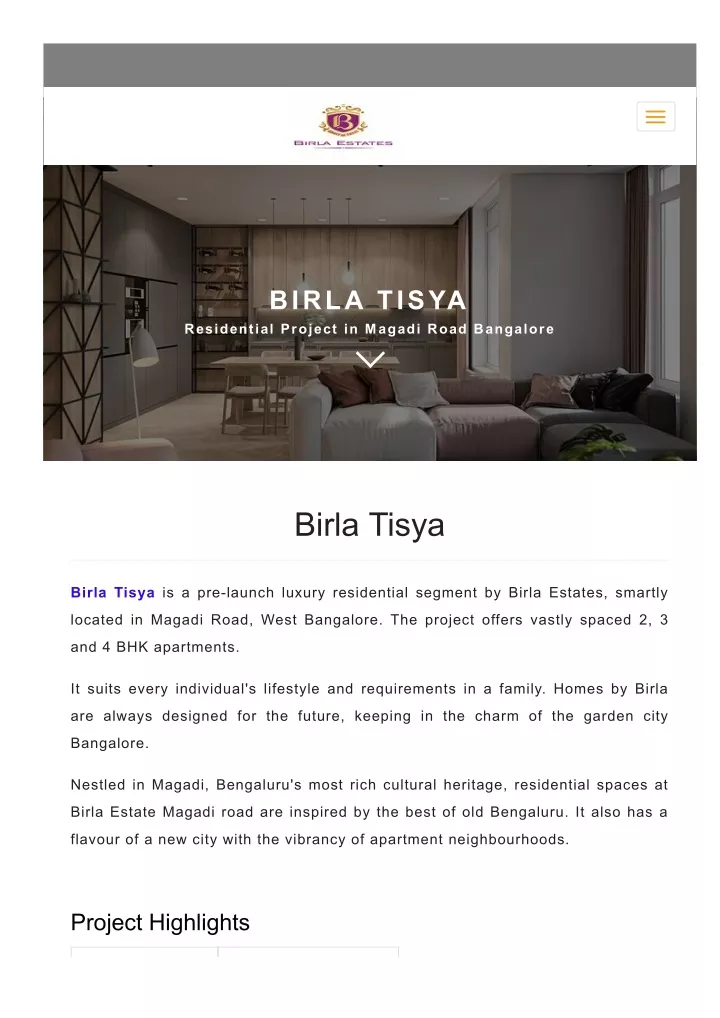 birla tisya residential project in magadi road