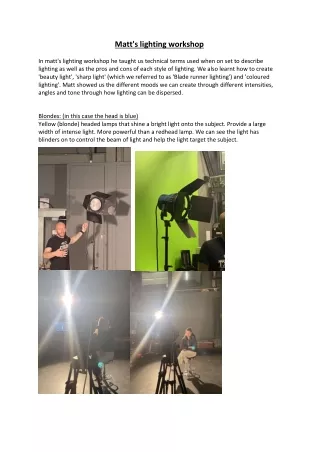 Matt lighting workshop- friday 1st oct