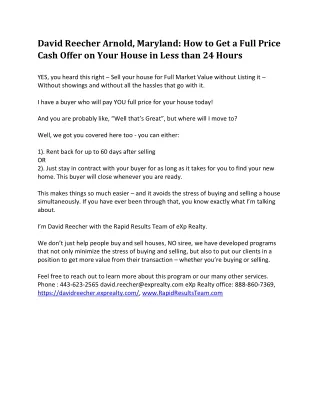 David Reecher Arnold Maryland - How to Sell Your House in Less than 24 Hours