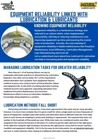 Equipment reliability linked with lubrication & Lubricants