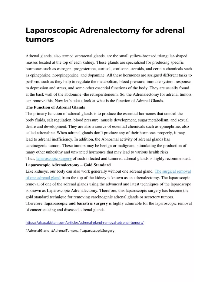 laparoscopic adrenalectomy for adrenal tumors