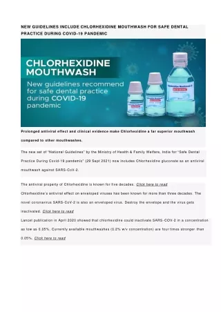 New guidelines include Chlorhexidine mouthwash for safe dental practice -ICPA
