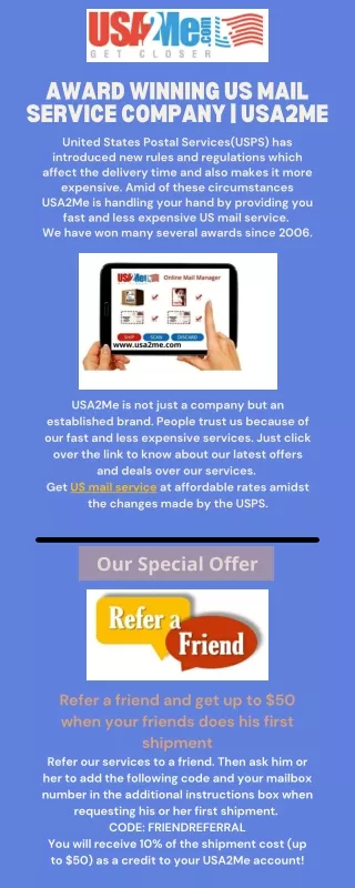 Award winning Us mail service company  usa2me