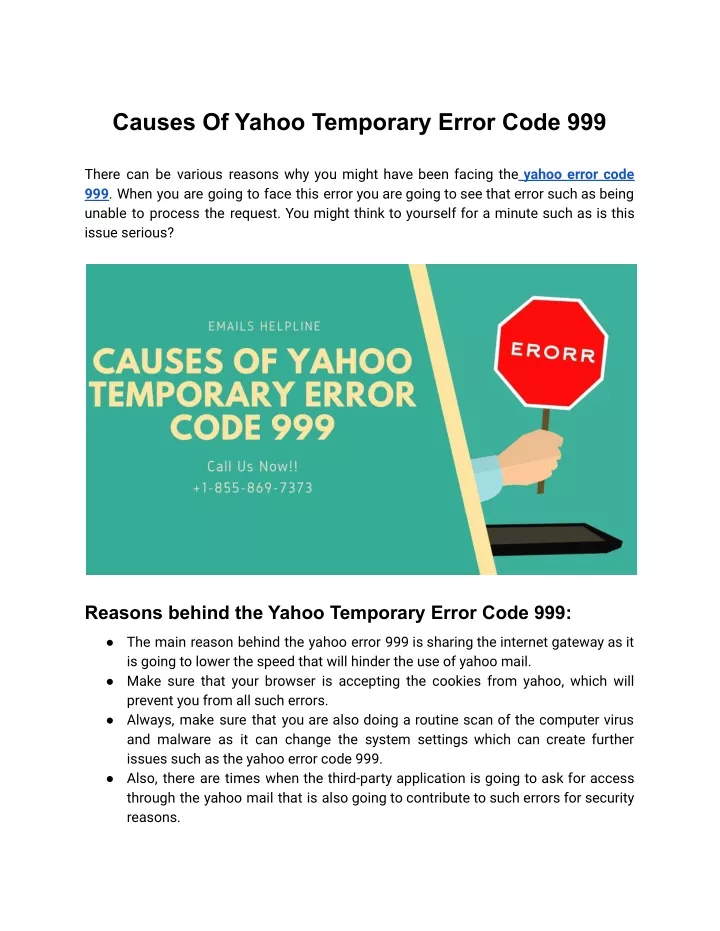 causes of yahoo temporary error code 999