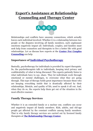 Expert’s Assistance at Relationship Counseling and Therapy Center