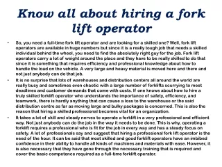 Know all about hiring a fork lift operator
