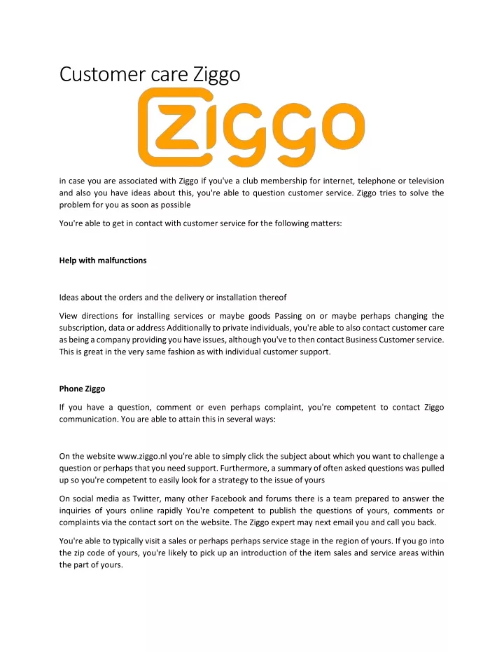 customer care ziggo