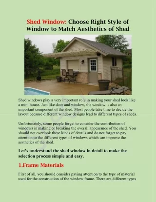 Shed Window: Choose Right Style Of Window To Match Aesthetics Of Shed