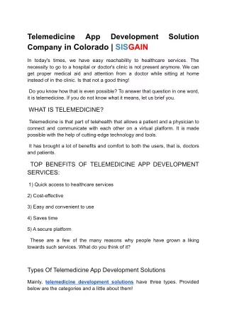 Telemedicine App Development Company in Colorado | SISGAIN