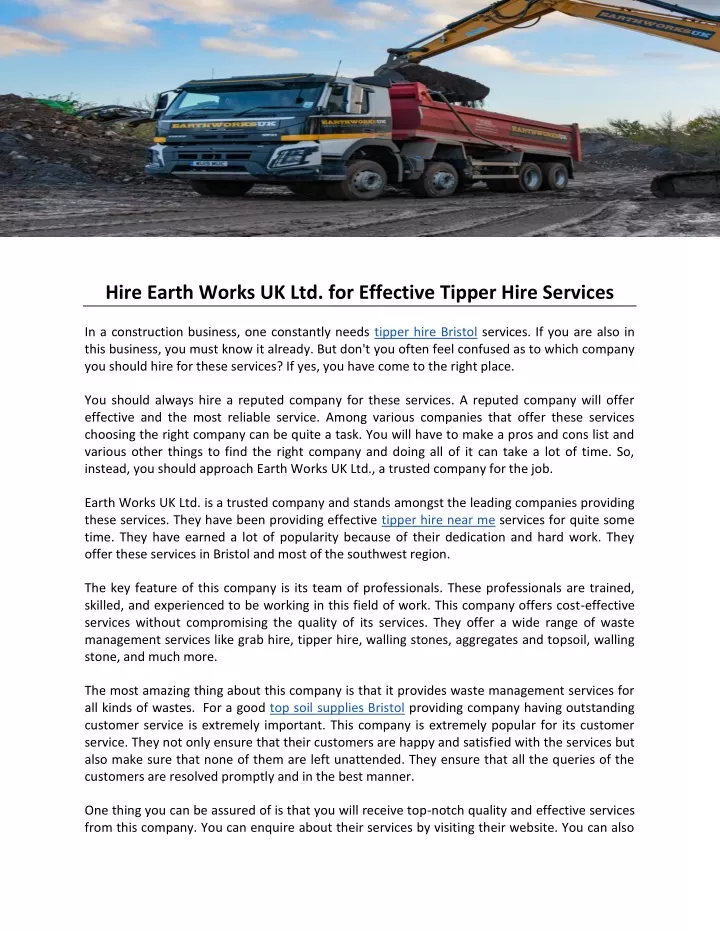 hire earth works uk ltd for effective tipper hire