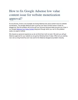 How to fix Google Adsense low value content issue for website monetization approval