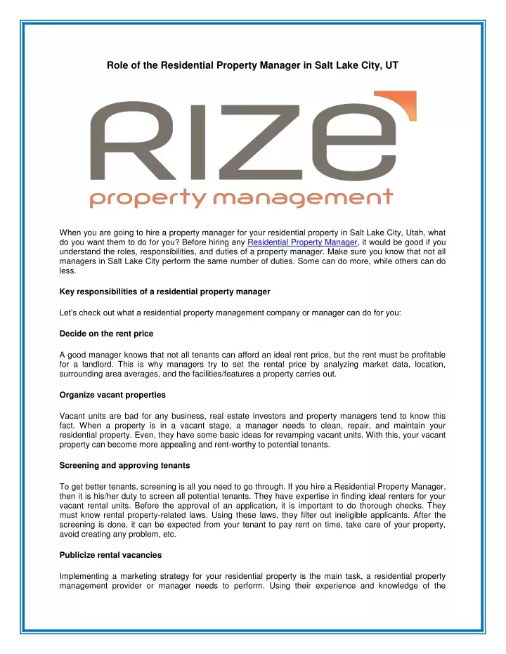 role of the residential property manager in salt