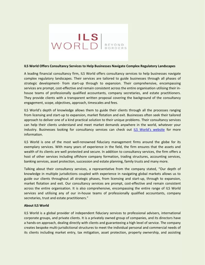 ils world offers consultancy services to help