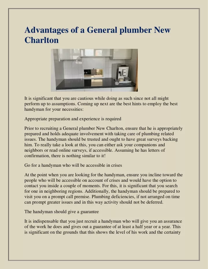 advantages of a general plumber new charlton