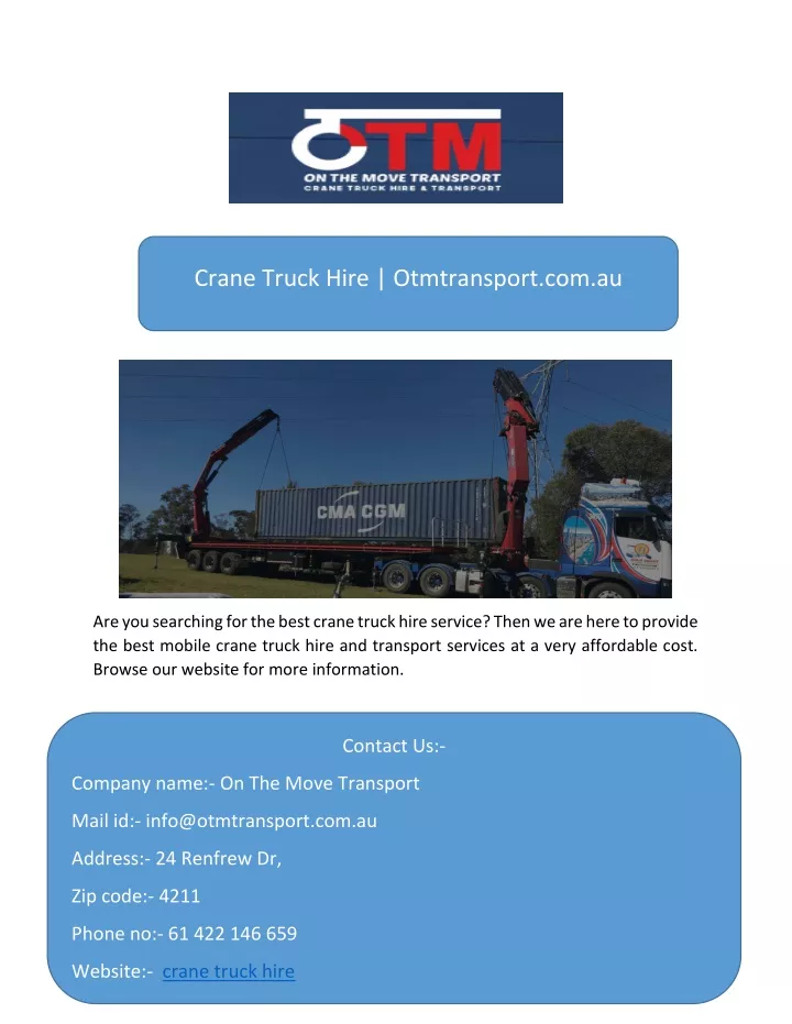 crane truck hire otmtransport com au
