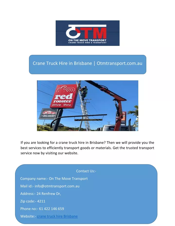 crane truck hire in brisbane otmtransport com au