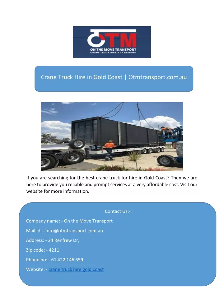 crane truck hire in gold coast otmtransport com au