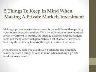 5 Things To Keep In Mind When Making A Private Markets Investment